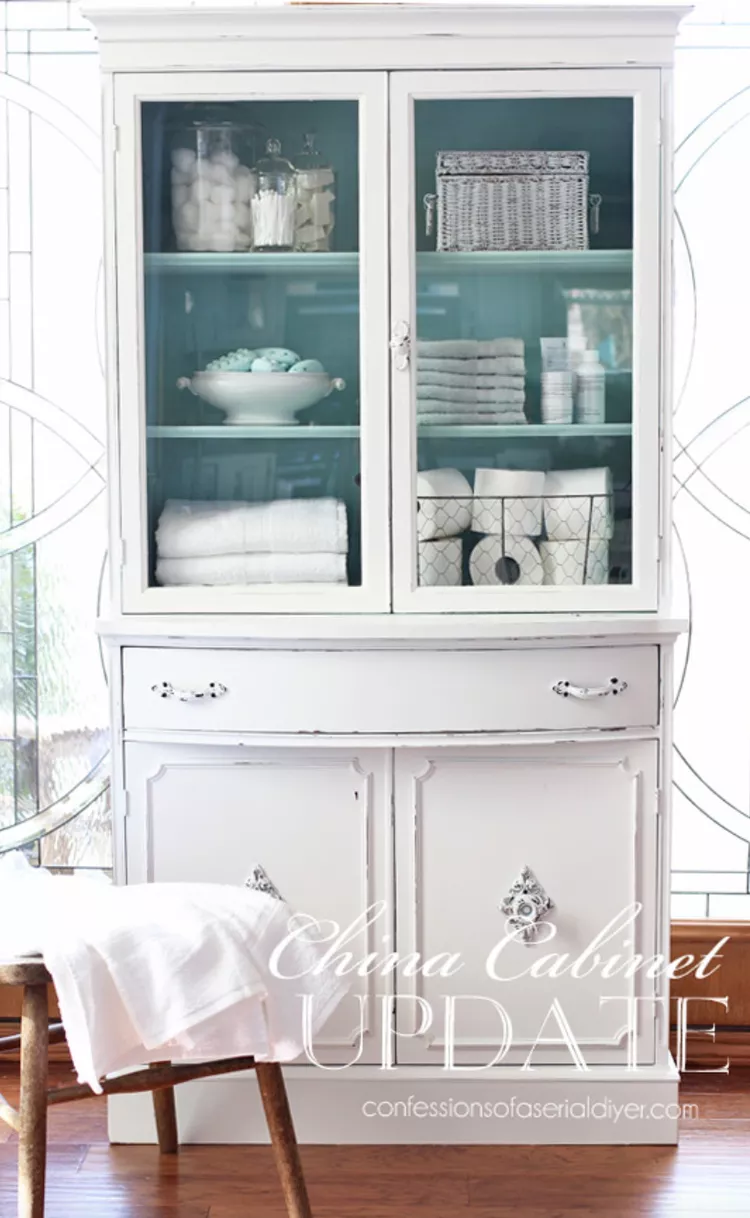Painted dining hutch converted to bathroom linen cabinet