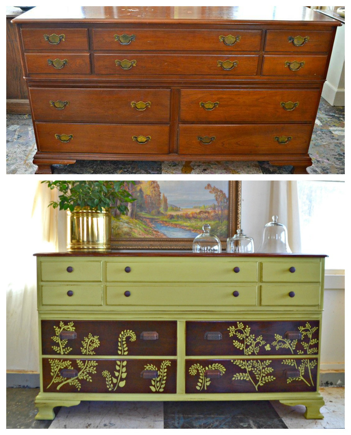 Before and after painted dresser with stenciling