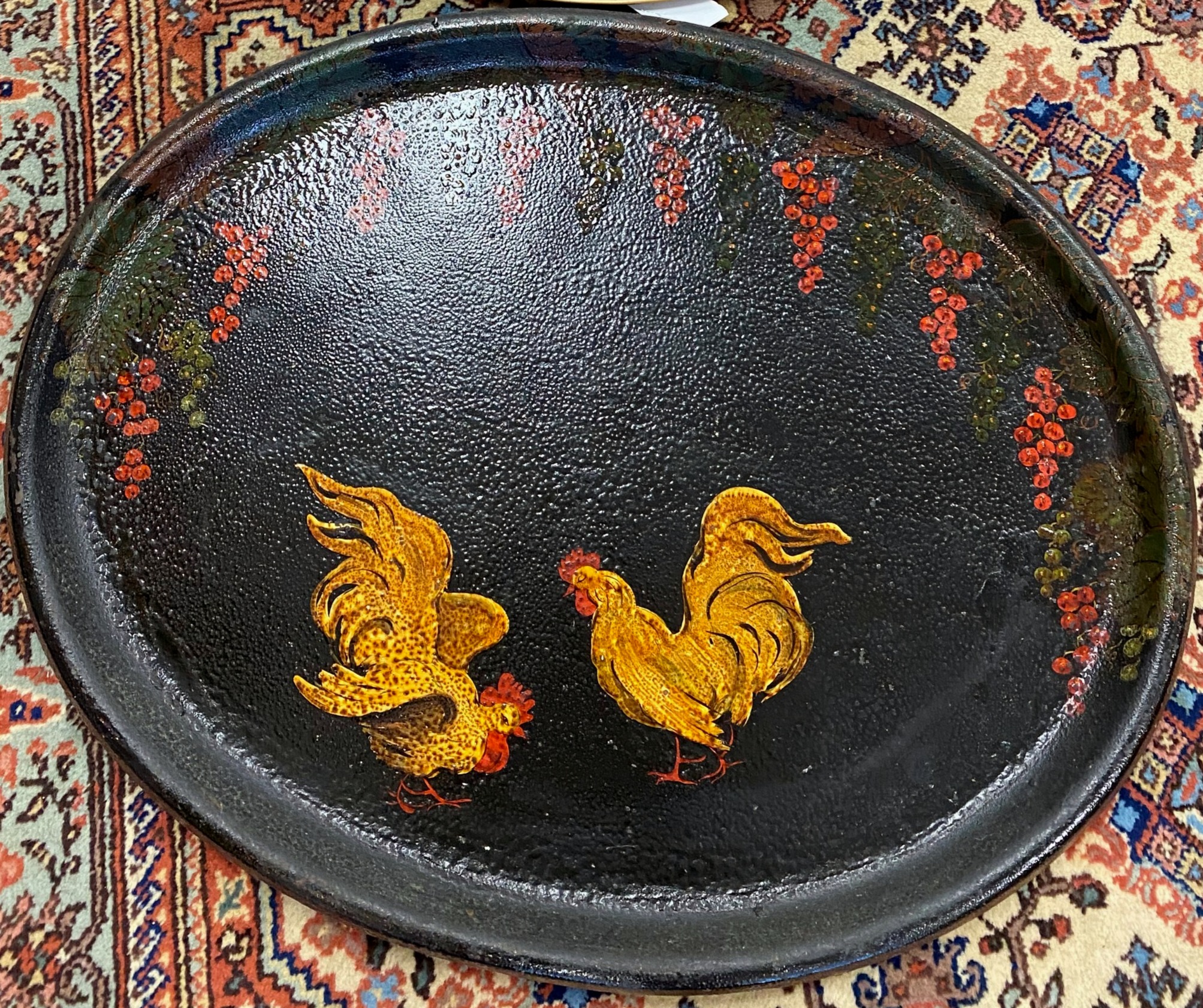 Black toleware tray with rooster motif