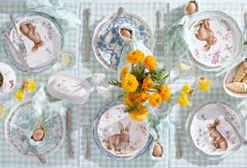 Easter table setting with green gingham tablecloth