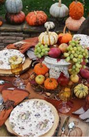 Autumn outdoor table setting with Johnsons Brothers china and pumpkins