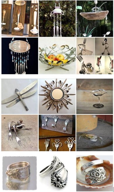 Collage of crafts made with silverware and serving utensils