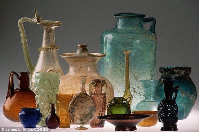 Multicolor collage of ancient and antique glass objects