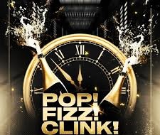 Pop Clink Fizz art print with exploding champagne bottles and roman numeral clock