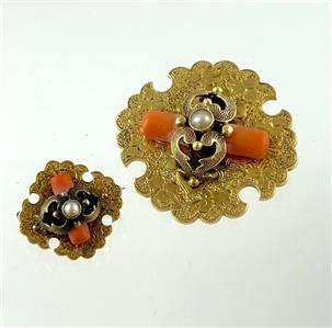 Gold and Coral Antique Victorian Brooch Pair